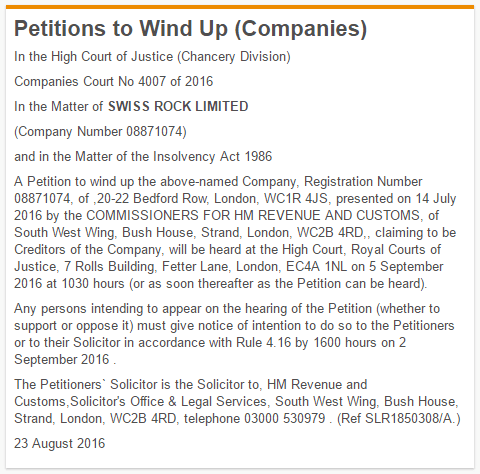 swiss rock petition winding up notice gazette bhs dominic chappell insolvency lawyers london