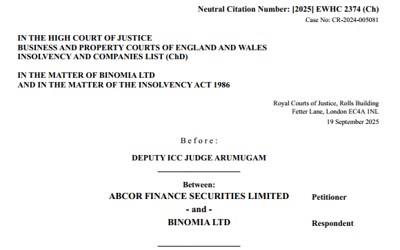 Abcor Finance Securities Ltd v Binomia Ltd [2025] EWHC 2374 (Ch)