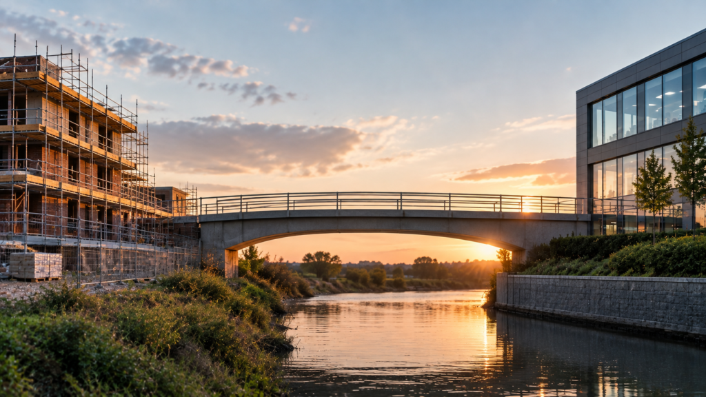 Property development site and commercial building connected by a bridge, illustrating bridging loan default and company insolvency risks.
