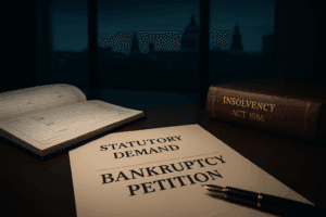 Insolvency Act 1986 book, statutory demand, and financial ledger on a solicitor’s desk representing HMRC bankruptcy risk for UK directors and sole traders
