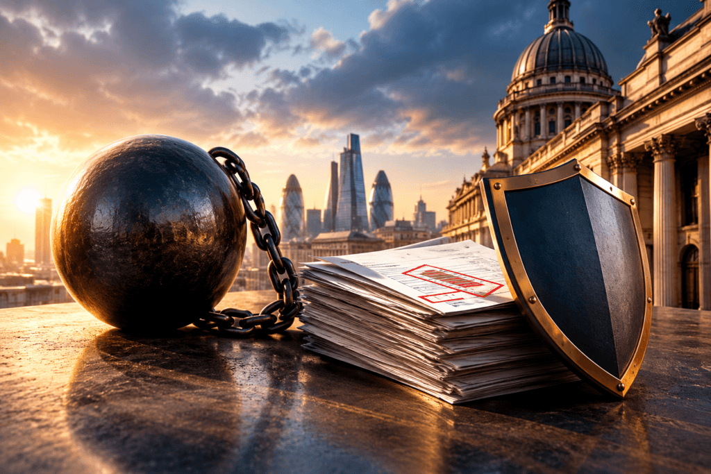 Disputed invoice and winding-up petition with a protective shield representing company insolvency defence.