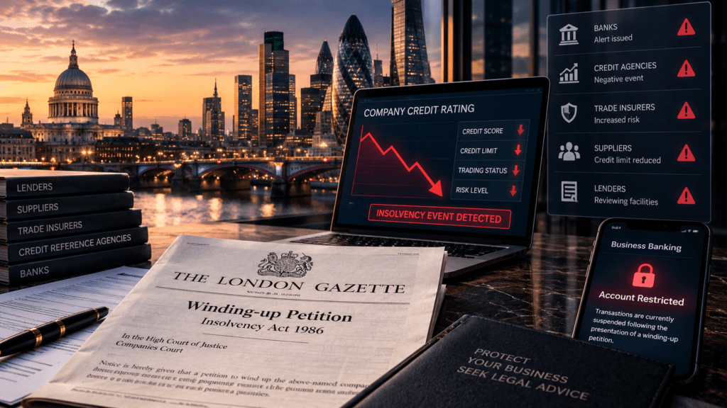 Winding-up petition affecting a company’s credit rating, with The London Gazette, falling credit score, frozen business bank account and London financial district in the background.