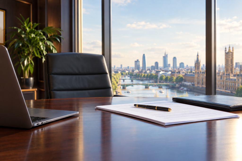 Elegant UK law office with legal documents and laptop overlooking the London skyline