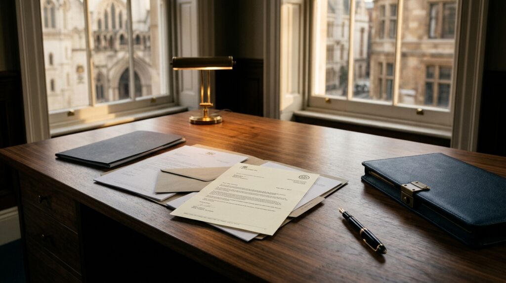 High-angle editorial shot of a polished dark walnut solicitor's desk in a London office, featuring an official HMRC tax letter, legal correspondence, a navy leather folio, and a black fountain pen bathed in warm afternoon sunlight.