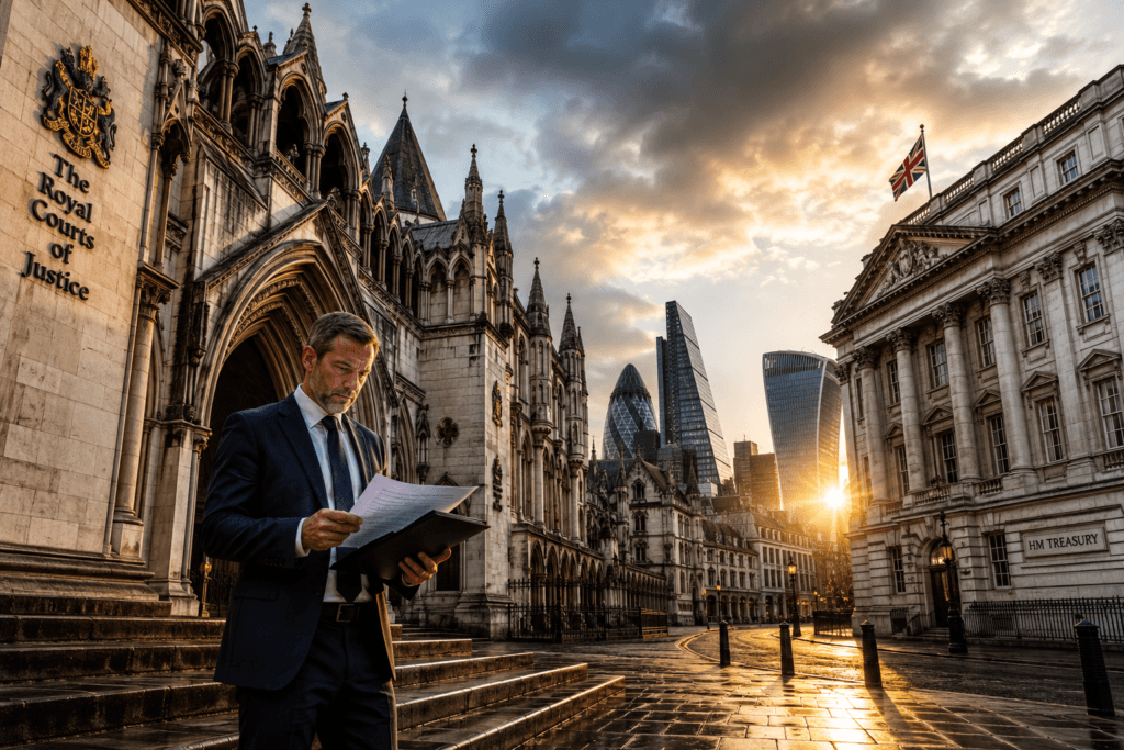 Business director reviewing financial documents outside the Royal Courts of Justice in London with the City skyline at sunrise, symbolising negotiations with HMRC before a winding-up petition.