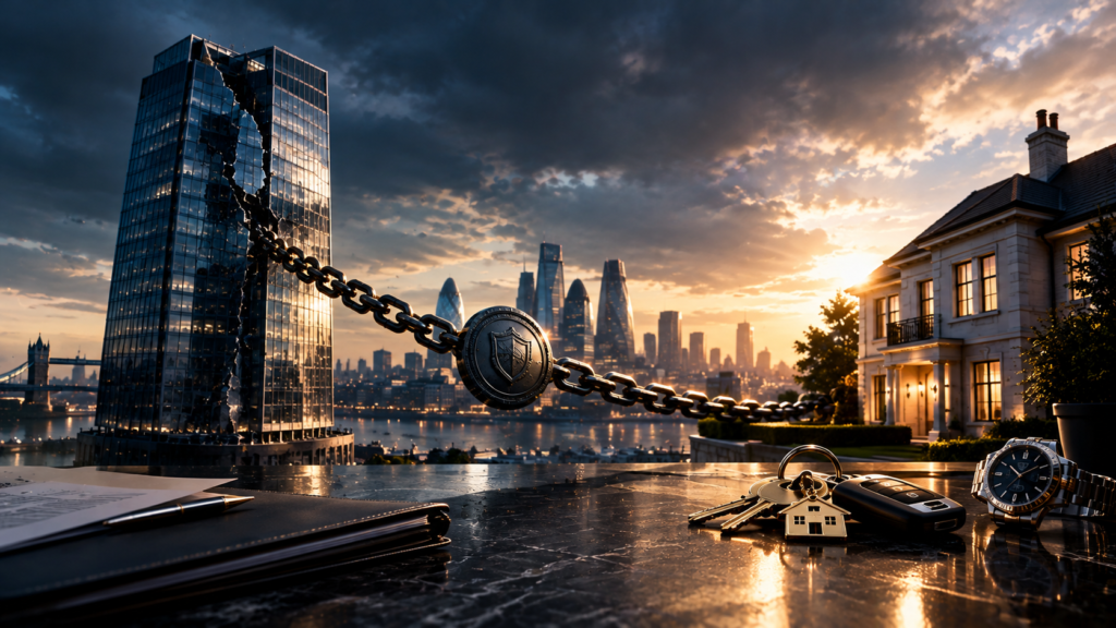 Company winding-up petition and personal guarantee risks, illustrated by a damaged corporate skyscraper connected by a heavy chain to a luxury home, with property keys and personal assets in the foreground.