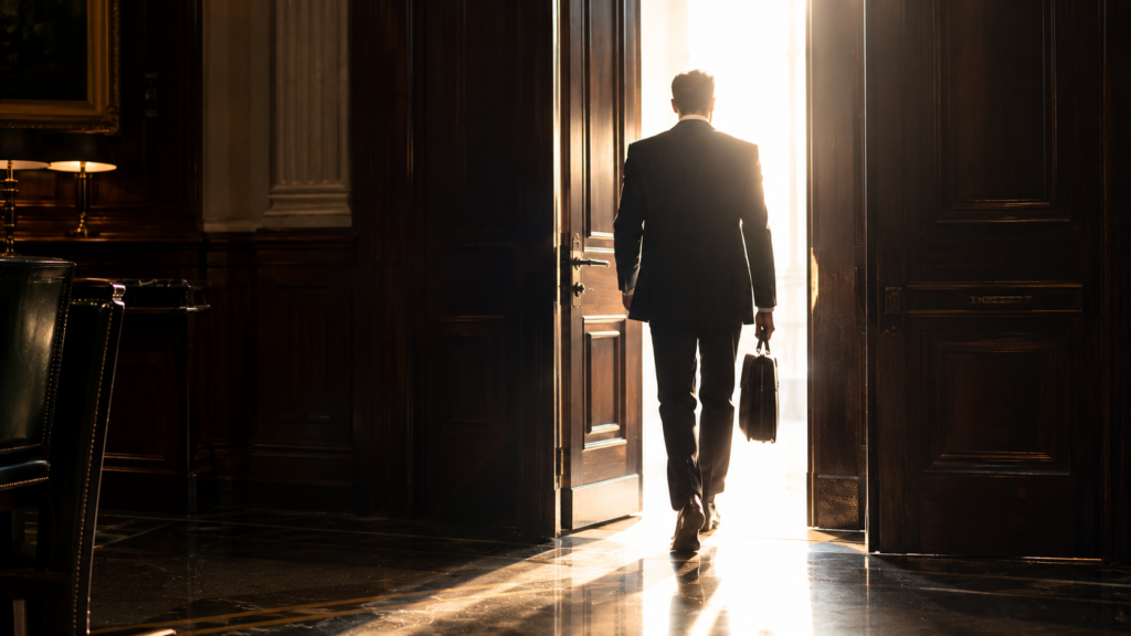 Director in a dark suit walking towards a brightly illuminated doorway in a traditional London law office.
