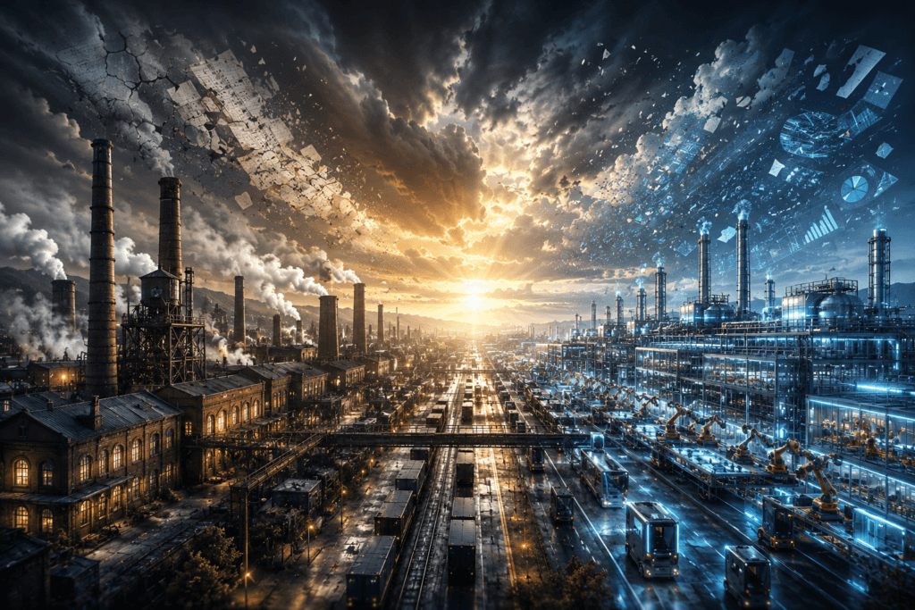 Historic and futuristic British manufacturing factories symbolising business resilience during insolvency proceedings.