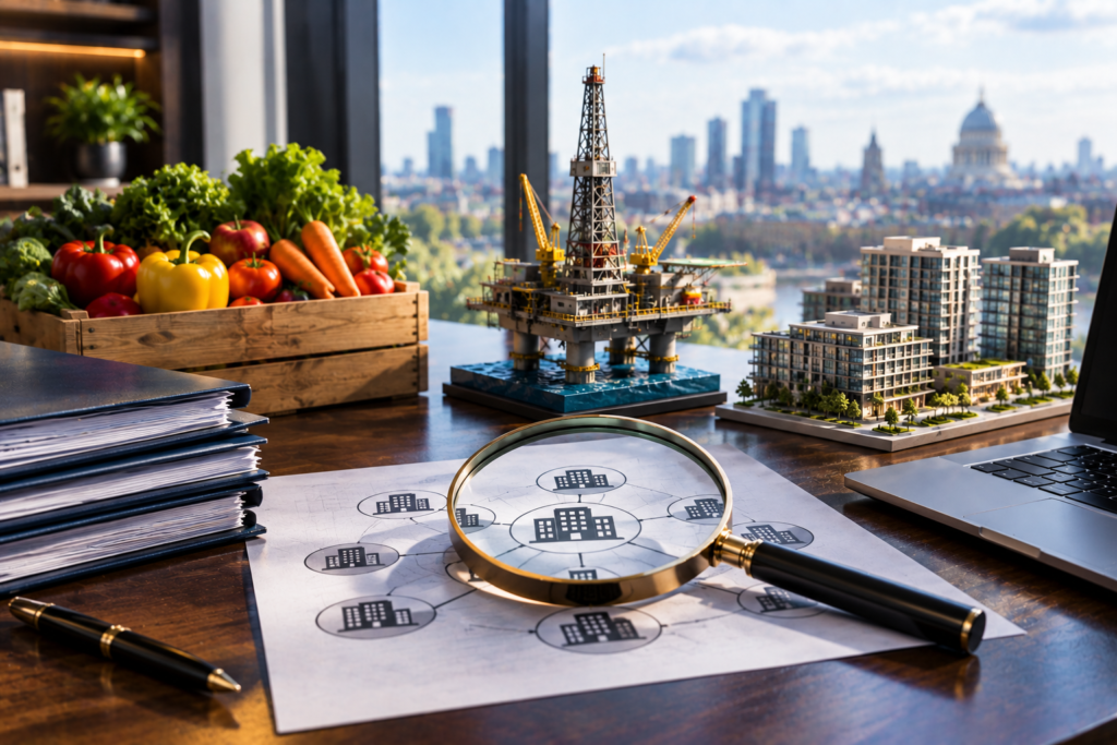 Magnifying glass over linked company records, with fresh produce, an oil rig and property development models representing the industries of seven investigated companies.