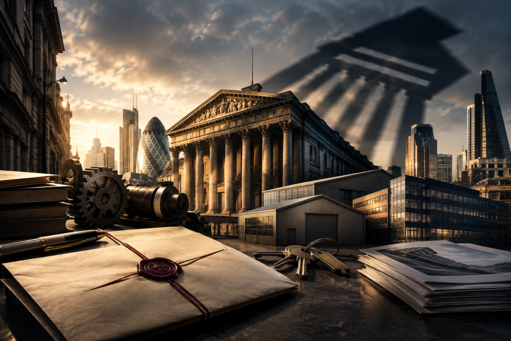 Historic London financial district with corporate assets, sealed legal documents, industrial machinery and property keys symbolising a winding-up petition.