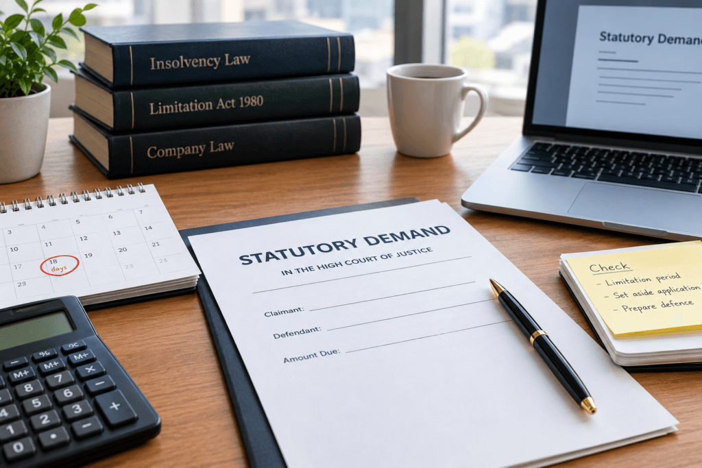 Realistic legal office desk with a statutory demand document, calendar, calculator and insolvency law books illustrating time-barred debts and winding-up petition rules in England and Wales.