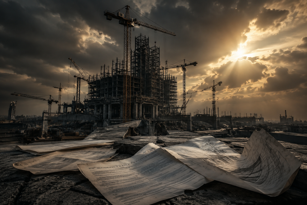 Dramatic cinematic construction site with unfinished skyscraper, cranes frozen, stormy sky and scattered legal documents symbolising insolvency and financial uncertainty