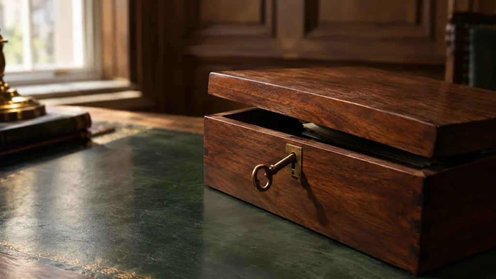 Old brass key in a walnut document box, illustrating creditor rights to restore a dissolved company.