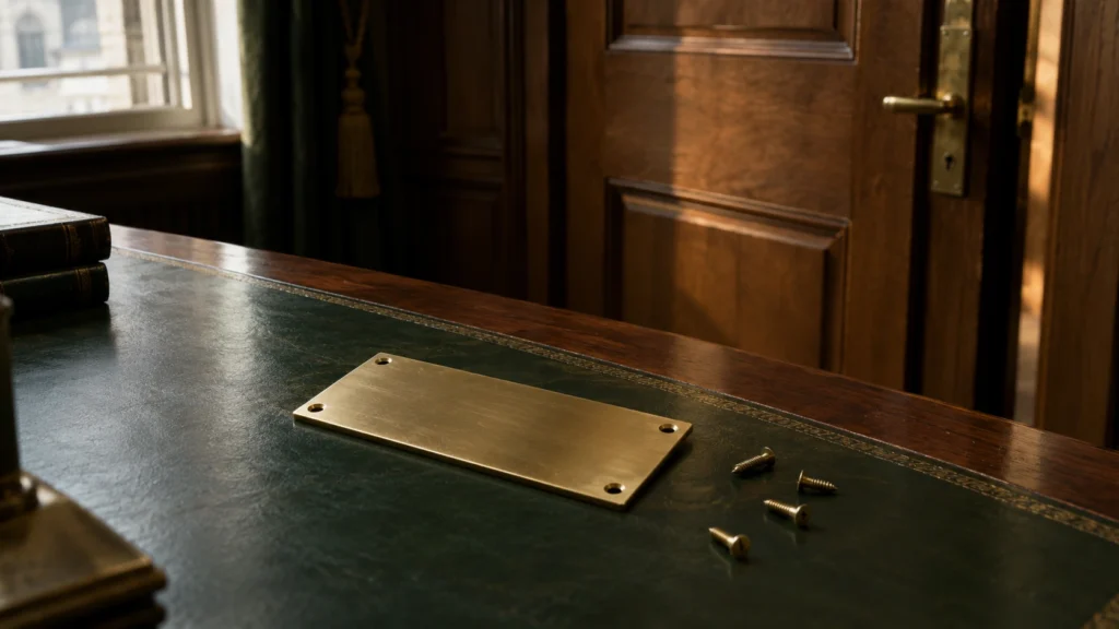 Blank brass door nameplate with loose screws on a walnut desk, illustrating reuse of a company name after liquidation