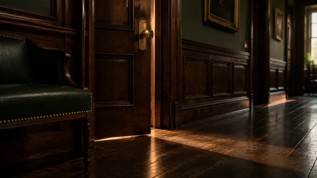 Panelled oak door left ajar in a London chambers corridor, showing a rescue route still open after a winding-up petition