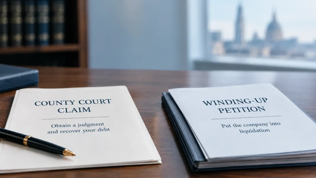 Winding-up petition vs county court claim for commercial debt recovery in England and Wales.